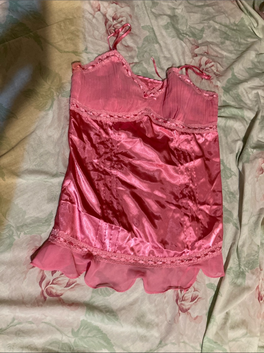 Valerie Stevens Hot Pink Satin Lace top with Ruffled Hem
